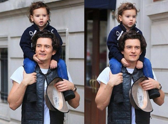 美国马里布当地时间2016年5月25日,奥兰多-布鲁姆和儿子"小开花"一同