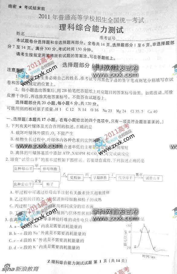 11年高考理科综合 浙江 高清图集 新浪网