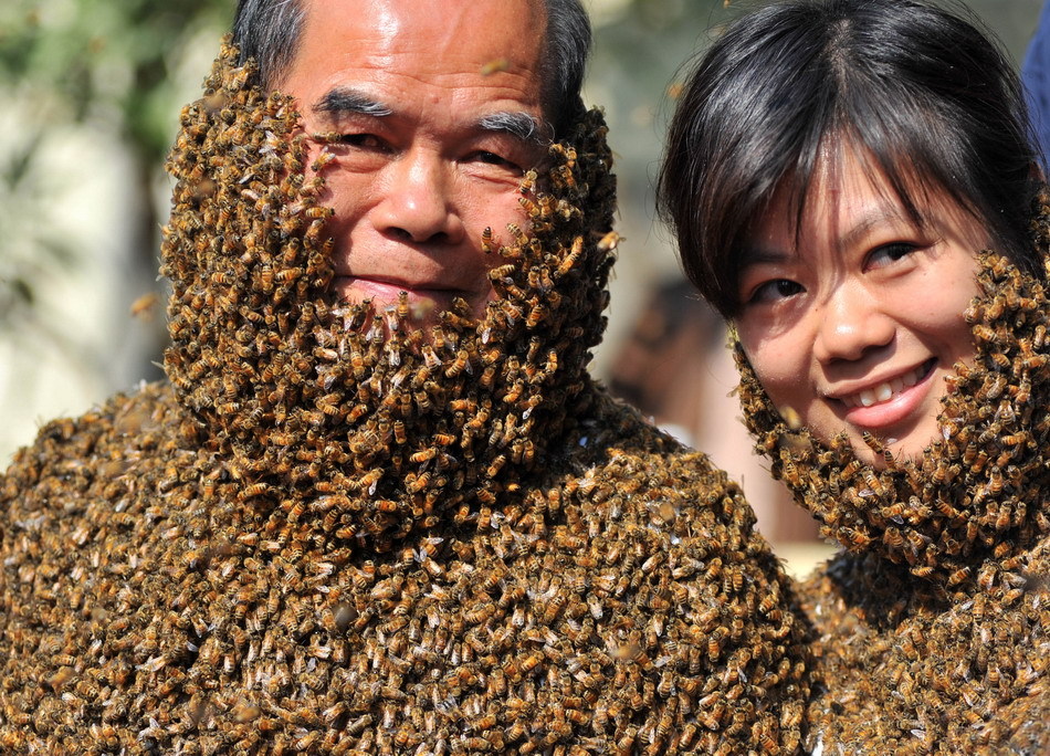 20 17:54:30 1 / 3 11月20日,至少10万只蜜蜂爬满表演者身体.