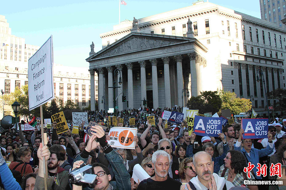 青年男女高举起"占领华尔街"徽识
