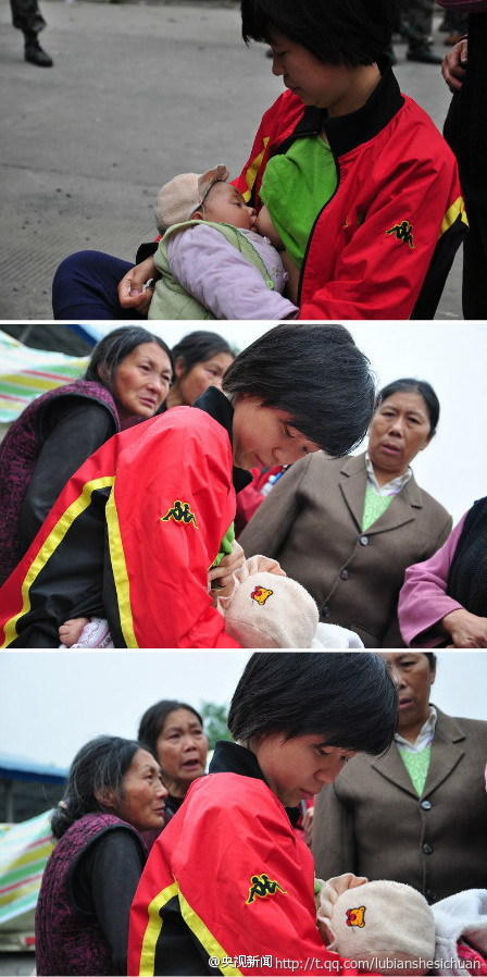 红衣志愿者为地震孤儿哺乳