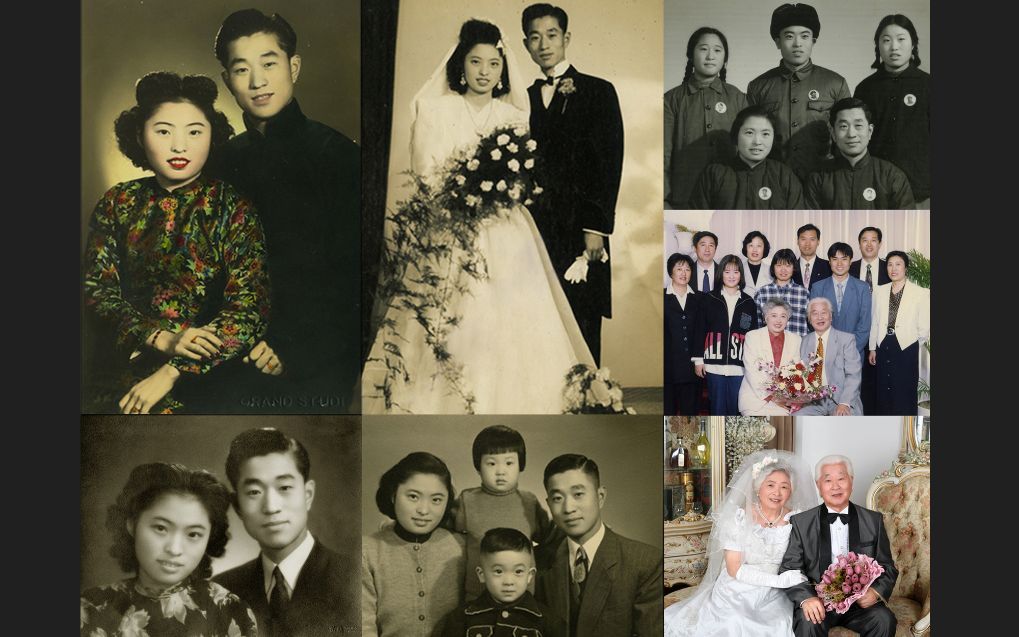 起洪,吴文霞夫妇从1946年的订婚照,1947年的新婚照,到1997年的全家福