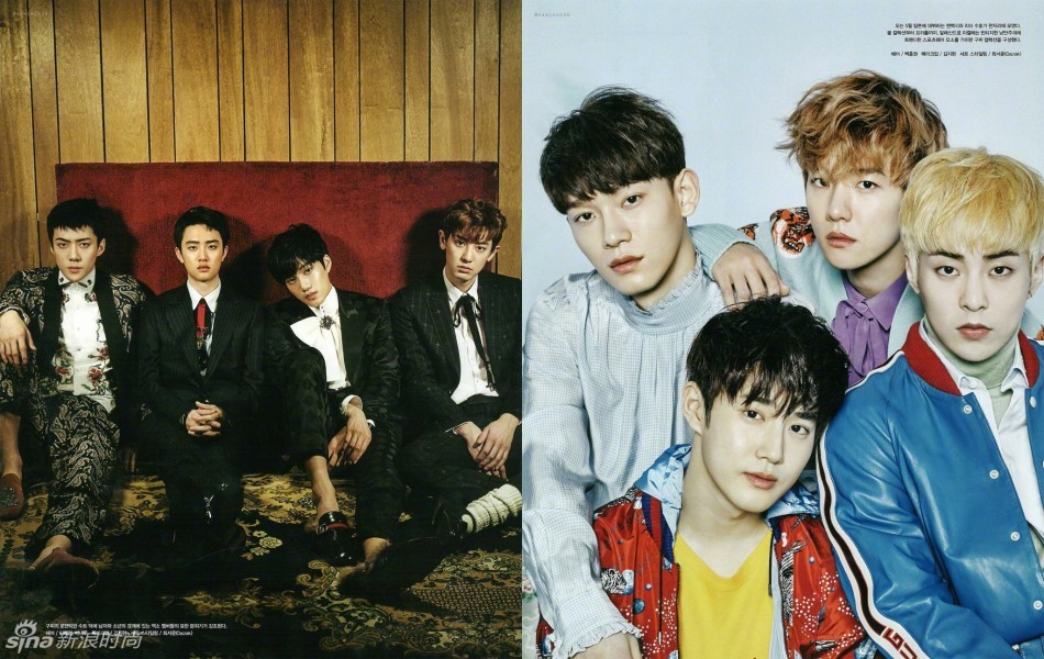 exo八人合体 复古印花套装演绎春日型男范儿