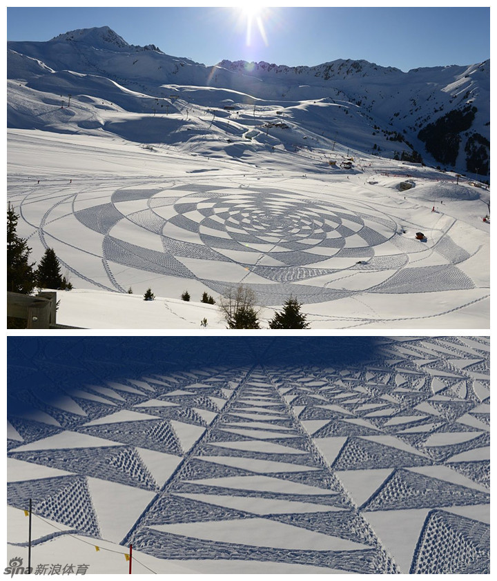 雪地怪圈"50多岁的英国大叔simon beck是世界上第一个"雪地艺术家".