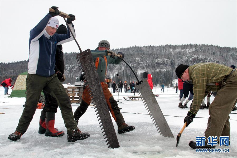 采冰比赛,参赛选手在冰冻湖面上使用斧头,冰锯和冰镐等传统工具采冰