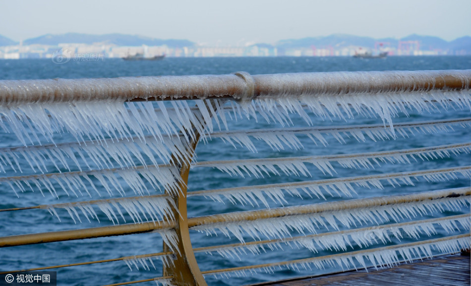 10级风力将海水被吹上岸 护栏结晶出冰凌美景