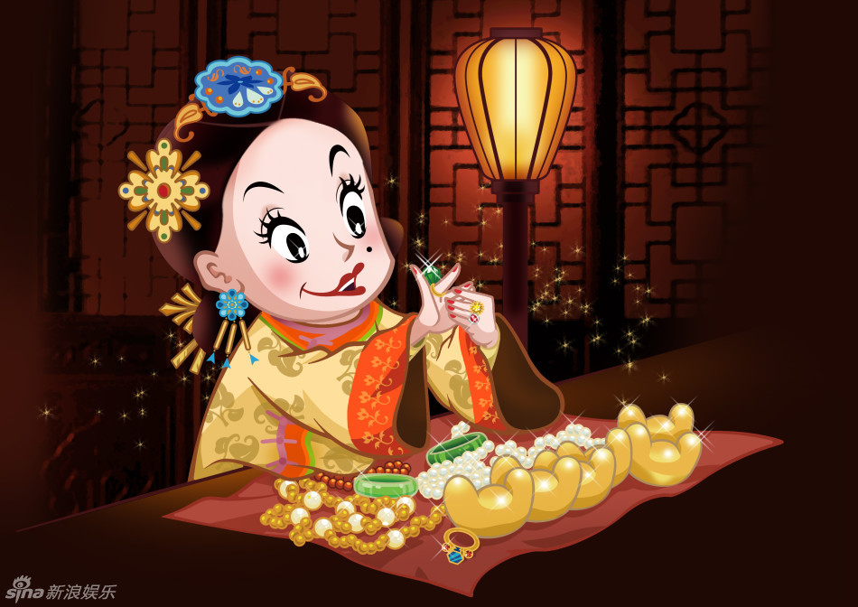 形象,饰演混迹市井,充满喜感的韦春花一角,服饰华美艳丽,金银珠宝傍身