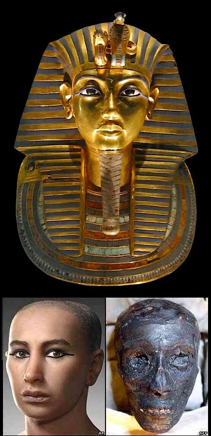 上图为其著名的金面具,右下为法老遗容,左下为他的面部复原图