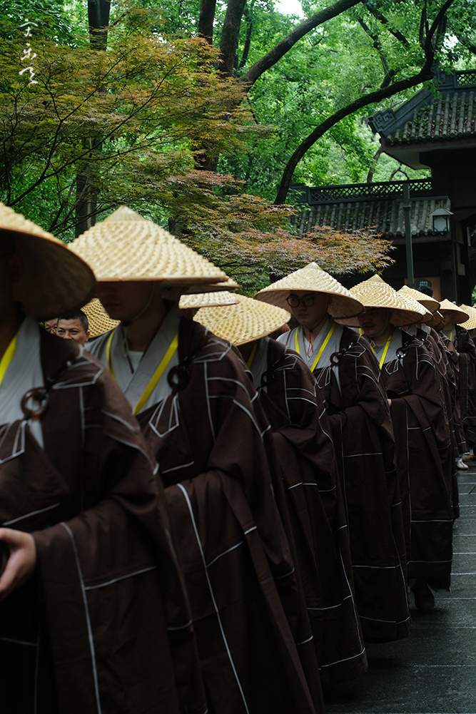 各大寺院,杭州佛学院,灵隐寺等1000名僧人依照佛制,著衣持钵,头戴斗笠