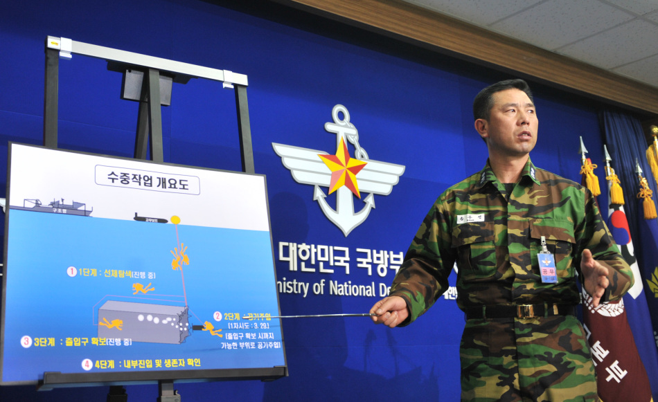 韩国海军军官介绍水下作业情况