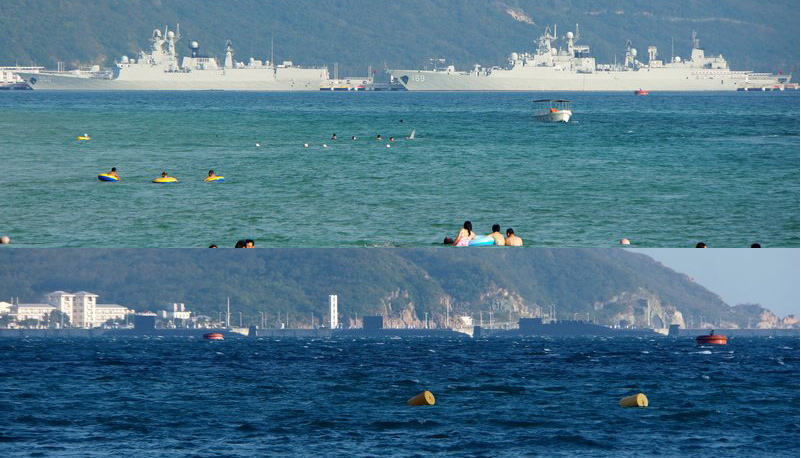 猛了三亚海滨浴场外我军新锐战舰核潜艇云集