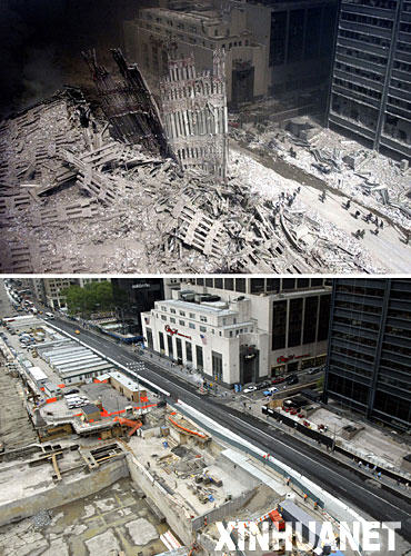 遭受毁灭性袭击的美国纽约世贸中心已经从一片废墟(上图,摄于2001年9