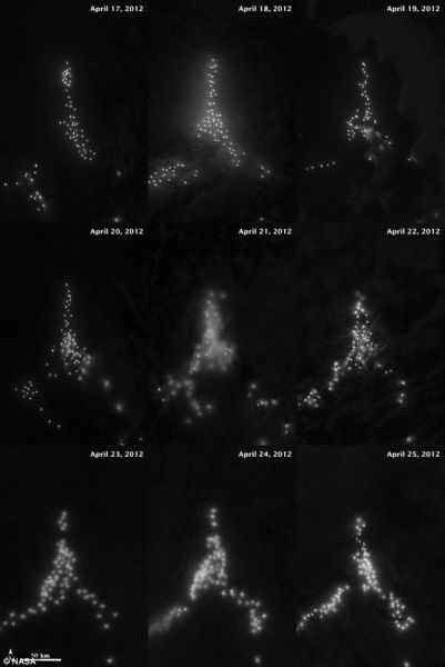 　科学家们在20世纪70年代末和80年代初绘制第一幅地球夜景地图时，首次发现这种海上的夜光灯。在这张从太空拍摄的照片中，位于阿根廷和福克兰群岛专属经济区的渔船在9个夜晚一直在海岸线附近变换位置。（图片来源：《每日邮报》）