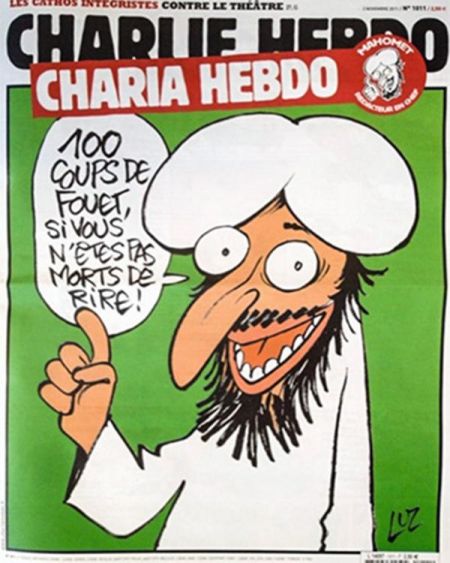 《查理周刊》2011年的封面漫画嘲讽穆罕默德，图中台词为“如果你没有笑死就抽100鞭子”