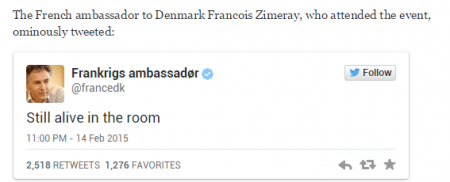 法国大使在推特感叹：“还活着，在房间里。”