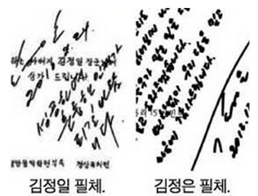 图左侧为金正日笔体，右侧为金正恩笔体(网页截图)国际在线专稿：韩国“每日经济”网8月24日援引朝鲜月刊《朝鲜艺术》7月刊报道称，朝鲜最高领导人金正恩从小模仿父亲金正日的书写笔体，并为此下了很大工夫。