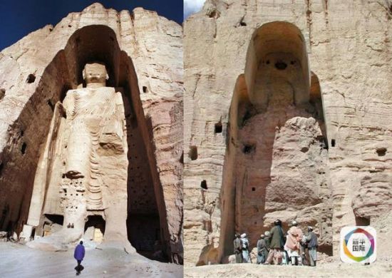 这张拼版照片上是被毁前后的阿富汗巴米扬大佛。左图是巴米扬大佛被毁前的资料照片（日期不详）。右图是2001年3月26日，一些塔利班武装人员站在被彻底摧毁的巴米扬大佛前。