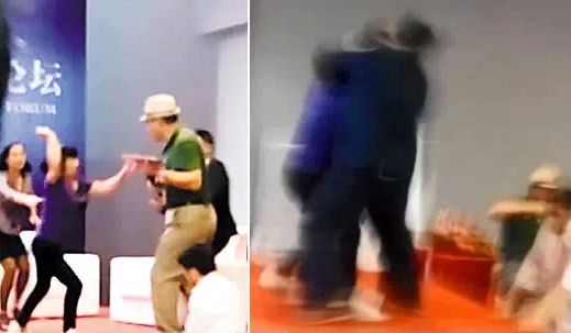 11月7日彭晓辉在广州性文化节演讲时，一大妈突然上台，将手中的粪泼到他身上