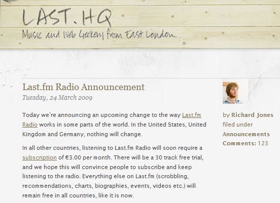 Last.fm宣布收费