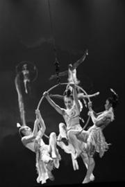 沈阳杂技团的演员们正在表演 《天幻Ⅱ——太阳鸟》，动作难度很高，但同时也很唯美