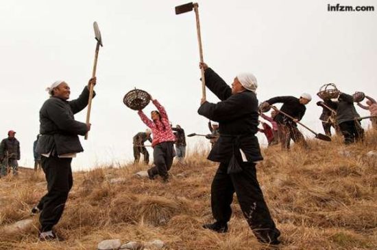 电影《申纪兰》里有场几百人的歌舞。数百山西农民打扮的群众演员举着锄头、土筐在田间载歌载舞做劳动状。这