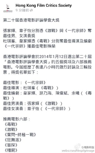 香港电影评论学会奖获奖名单