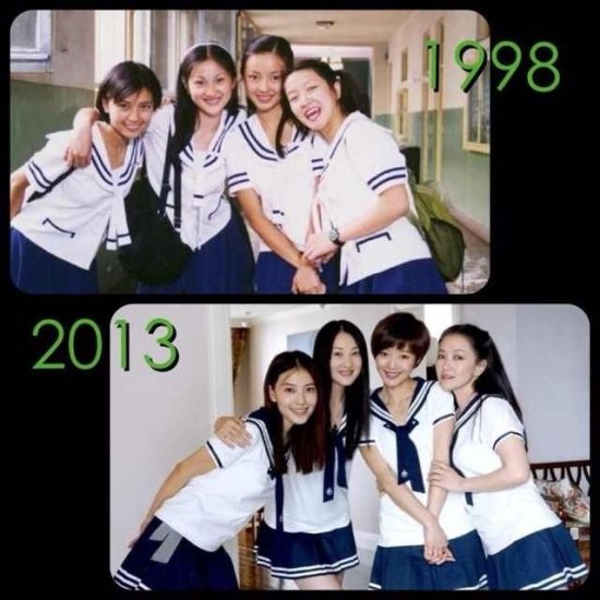高圆圆与好友十五年后再穿校服裙
