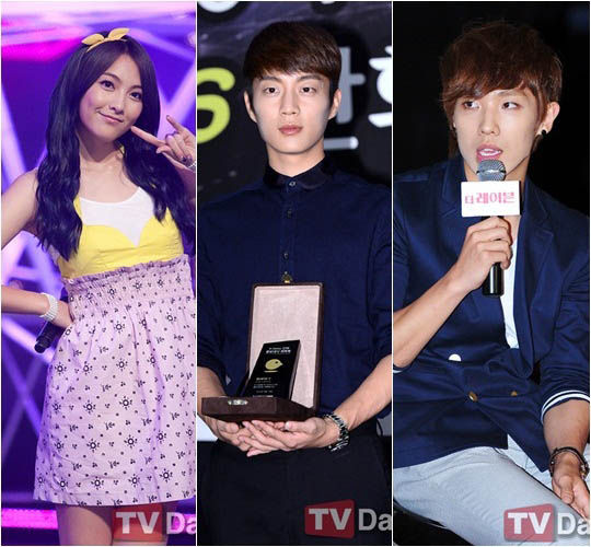 从左至右，Kara成员姜智英、BEAST成员尹斗俊、MBLAQ成员李准