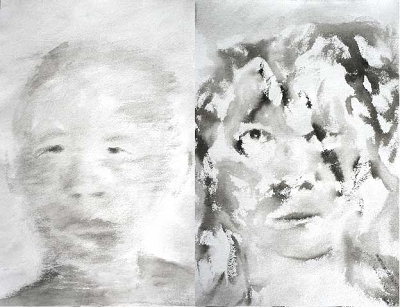 拍摄《红气球》期间，比诺什为导演侯孝贤(左)以及片中由她扮演的苏珊娜一角创作的肖像