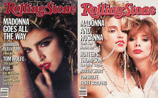 1984年滚石杂志封面（左）、1985年滚石封面Madonna和Rosanna Arquette
