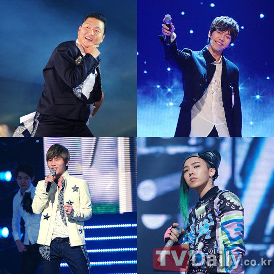 顺时针方向：韩国男歌手鸟叔PSY、李升基、G-DRAGON、K.Will