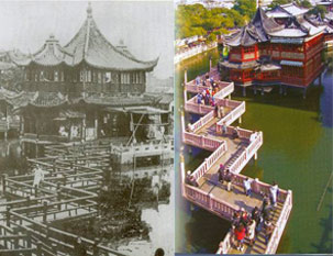 20世纪初豫园的荷花池、湖心亭、九曲桥胜景（左）21世纪初的豫园九曲桥、湖心亭（右） 