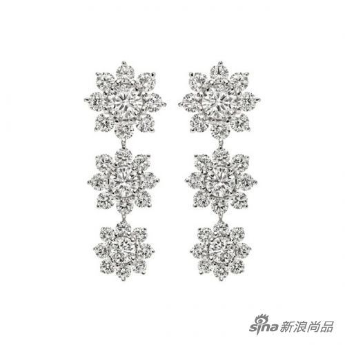 Mini Sunflower Collection 三蕊钻滴耳环，钻石总重1.98克拉，铂金底座