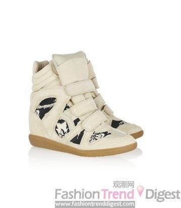 ISABEL MARANT Bekett 印花帆布和绒面革坡跟运动鞋，$750