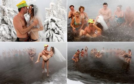 俄罗斯情侣零下30℃举办冬泳婚礼