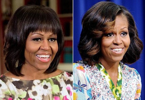 右图焦糖色刘海(蓝色背景)为其新造型