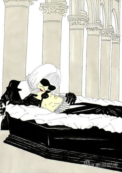 在《Karl Lagerfeld ： vision of a funeral》一书中，Palombo 为老佛爷的“葬礼”设计好每一个细节。其中一张插画，Karl 躺在棺材里，Anna Wintour 跪在一旁。