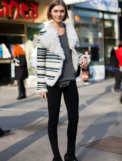 黑白条纹羊羔毛皮质外套