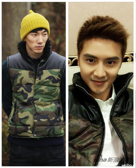 张亮VS。田亮　　六、保暖羽绒服　　张亮的迷彩羽绒马甲，配上黄色的线织帽，既保暖又很活泼。田亮的这款暗花的神色羽绒服搭配白色衬衣，真是保暖时髦两不误。张亮VS。田亮