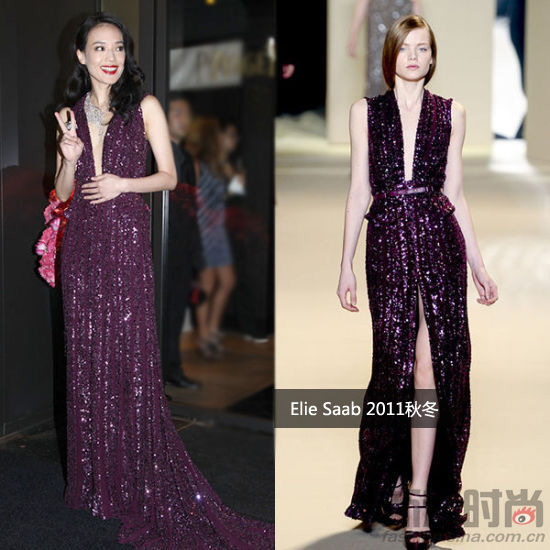 舒淇穿Elie Saab2011秋冬紫色连衣裙