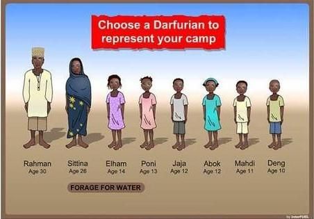Darfur is Dying游戏截图，选择一个达尔富尔人去取水，取水过程中很可能被当地武装劫走。
