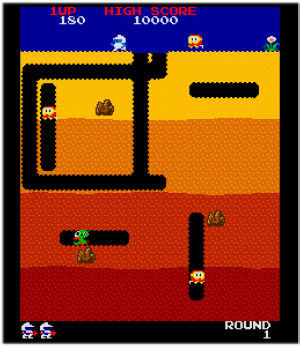 ディグダグ（打气人）：也叫气球人，Namco1982年发行的街机游戏。主角在挖坑道的过程中可以将管子对准目标打气可以让敌人爆炸。