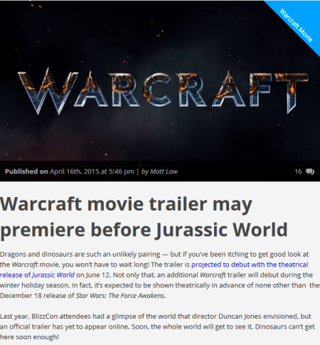 魔兽电影先导预告片于6月12日随侏罗纪公园播出