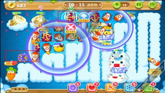 有钱就在空位上建造船锚塔和火箭塔，都升满级