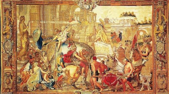 《亚历山大凯旋》，高布兰壁毯，法国查理·勒·布朗作草图。表现的是古马其顿国王亚历山大大帝打了胜仗后凯旋而归的场景。图/FOTOE