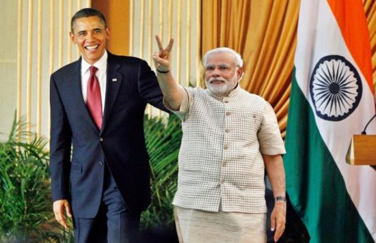 资料图：莫迪9月底访问美国与奥巴马在一起