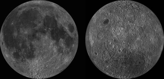 月球近面（左图）比远面（右图）有更多暗色的玄武岩平原