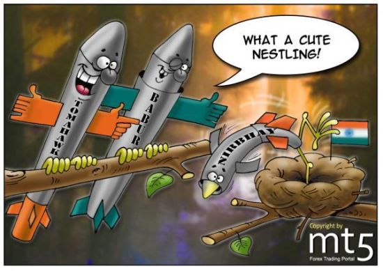 巴基斯坦网民以漫画嘲讽印度试射失败，图中树枝上站着的导弹身上写着“战斧”、“巴布尔”，从鸟巢中掉下来的导弹身上写着“无畏”，“巴布尔”说：“真是只可爱的小鸟啊！”