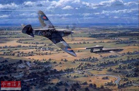 艺术家绘制的二战英国“喷火”战斗机拦截V-1导弹的油画。