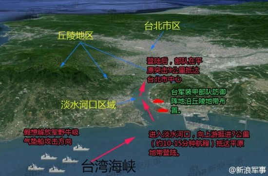 台湾《青年时报》今天公布了一组台军第31装甲营驻防淡水河口地带的照片(图片2-4)。该地区战略意义非凡，乘坐野牛级登陆舰的解放军攻台登陆部队，一旦进入淡水河，前进10分钟就可以绕过丘陵区，直取台北。当然，这需要相当多数量的野牛级才能做到。 　　根据汉光29演习的想法推理而来。当然我们认为这非攻占台北的，而是一种渗透或者骚扰作战。假如真能冲进去，刨除中间的损失和登陆场过小，能登陆部队不会很多。从竹围再向台北市中心走，以少量的登陆部队很难推进。但是这么突击对于台军防御部队的牵制作用非常巨大。